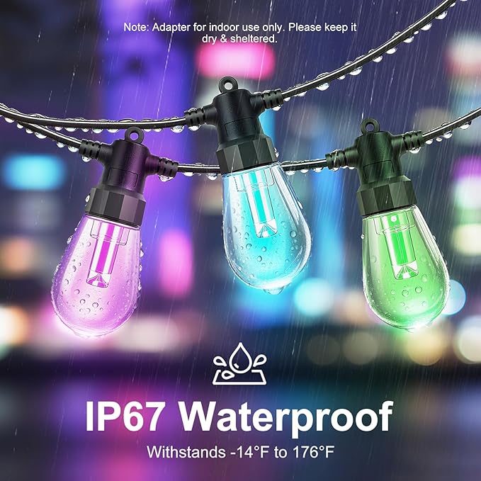 Outdoor String Lights 48ft, Patio Lights with 15 Dimmable LED Bulbs, RGBW & Warm White, IP67 Waterproof, Shatterproof, APP & Remote Control, Color Change, Customizable Colors for Backyard Decor