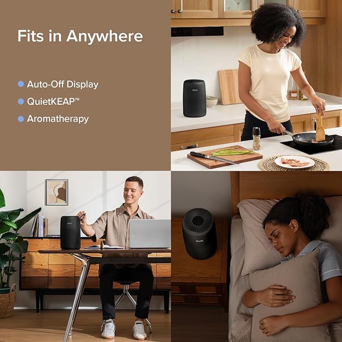 LEVOIT Air Purifiers for Bedroom Home Dorm, AHAM Verified, 3-in-1 Filter Cleaner With Aroma Pad, Filters Smoke, Allergens, Pet Dander, Odor, Dust, Office, Desktop, Core Mini-P, Black