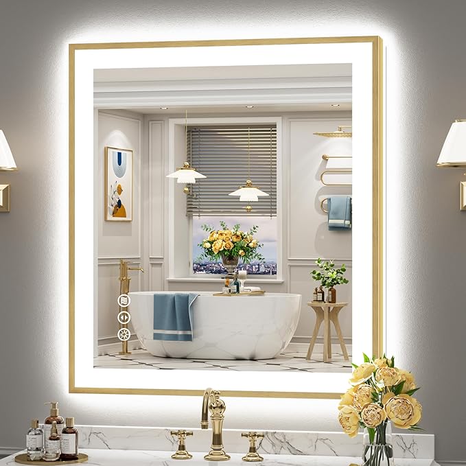 32x36 Gold LED Bathroom Mirror with Lights, Brushed Gold Framed Backlit and Front Lit Anti-Fog Lighted Vanity Mirrors for Bathroom Wall, Dimmable, 3 Colors, Memory, HD Tempered Glass, CRI＞90