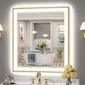 32x36 Gold LED Bathroom Mirror with Lights, Brushed Gold Framed Backlit and Front Lit Anti-Fog Lighted Vanity Mirrors for Bathroom Wall, Dimmable, 3 Colors, Memory, HD Tempered Glass, CRI＞90