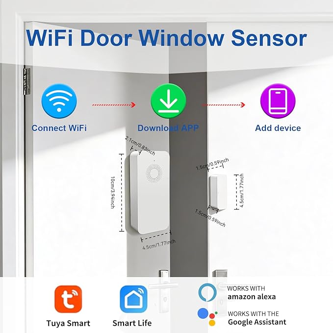 WiFi Door Window Alarm, Smart Contact Sensor with APP Alerts & Sound Light Alarm, DIY Home Security System for House, Apartment, Office (Battery Not Included)