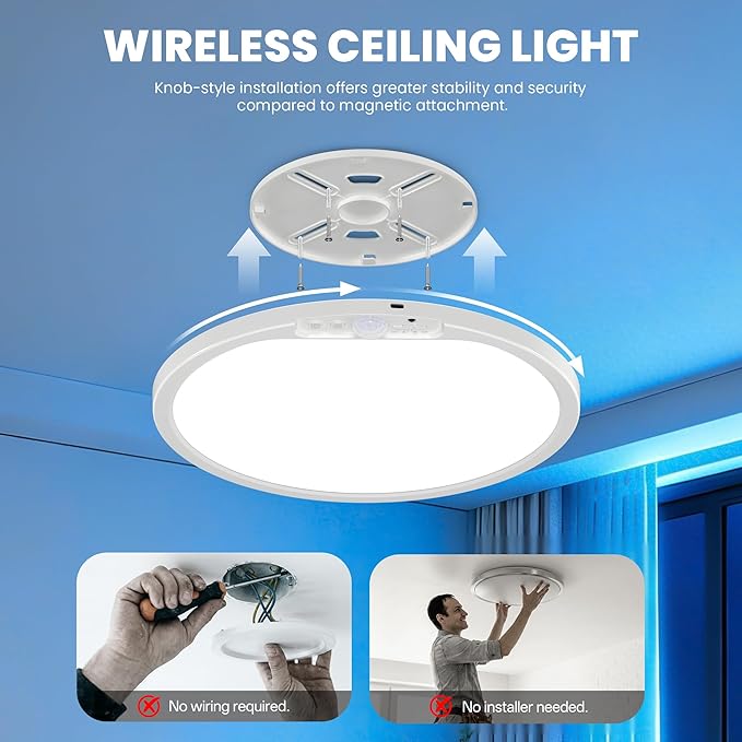 KINDEEP Bedroom Ceiling Light with Night Light: 12 Inch 10000mAh Rechargeable Ceiling Light with Remote, Dimmable 3 Colors & RGB, Wireless Motion Sensor Ceiling Lamp for Bedroom, Hallway, 1 Pack