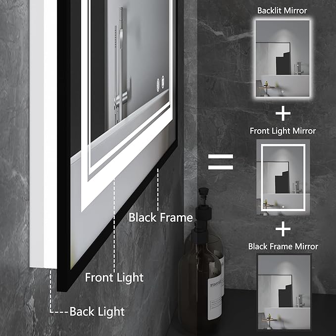 LED Bathroom Mirror with Front and Backlit 24"x36", Black Frame, Wall Mounted, Dual LED Strips, Fogless, Dimmable, 3 Color Changing, Shatterproof, Horizontal/Vertical