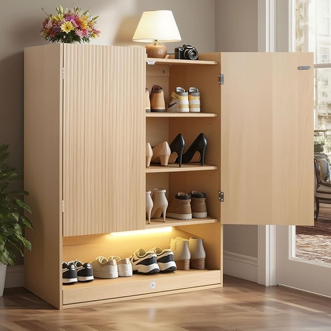 Shoe Cabinet with LED Light, 4-Tier Shoe Storage Cabinet with 2 Adjustable Shelves, Large Shoe Storage with Fluted Panel Modern Shoe Rack for Entryway, Bottom Pop-Up Shoe Rack, Natural Wood