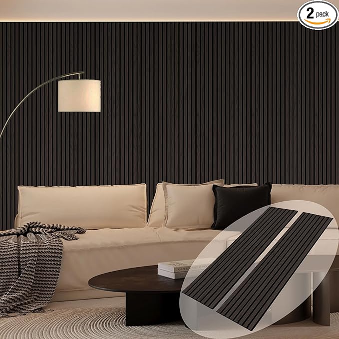 Wood Panels for Wall, Wood Slat Wall Panel - 2 Pack, Black Wood Slats for Wall, Natural Smoked Wood Veneer Accent Wall Panels, Acoustic Slat Wood Wall Panels - 12.6" W x 94.5" L