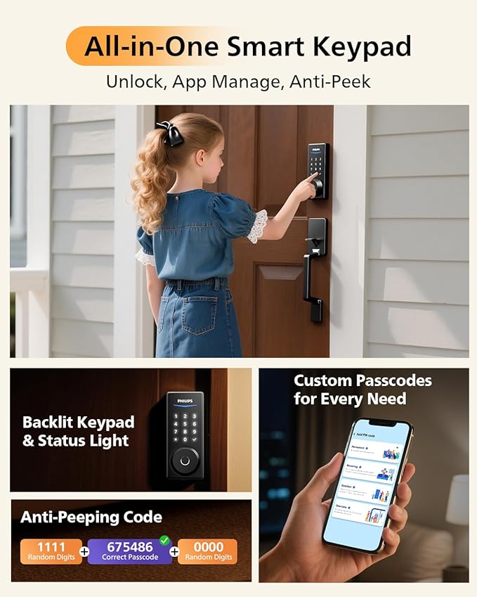 Philips WiFi Smart Lock with Front Door Handle Set, Built-in WiFi, APP Remote & Voice Control, Fingerprint Keyless Entry Door Lock, Keypad Deadbolt Smart Locks for Front Door, Auto-Lock, Matte Black