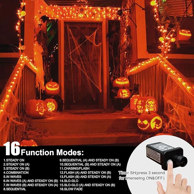 LAMPHOME 99ft Halloween Lights, 300 LED Transparent Wire Fairy Starry String Light Plug in, 16Lighting Modes for Indoor Outdoor Xmas Tree Wedding Party Decoration (Orange)