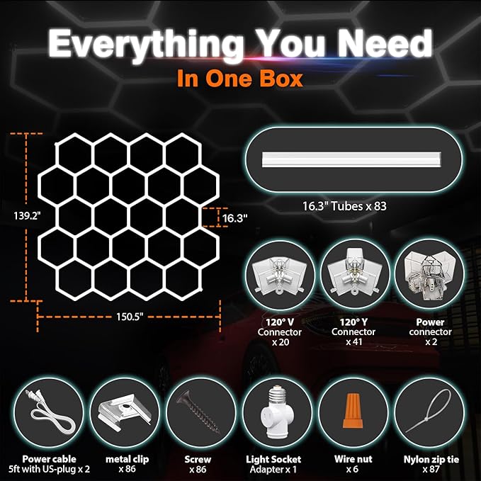 Hexagon Garage Lights : 3 Level Dimmable 581W Tube 22 Grids Hexagon LED Lights - Easy Install 6500K Super Bright Hex Light for Warehouse, Car Detailing Shop, Exhibition Hall, Gym