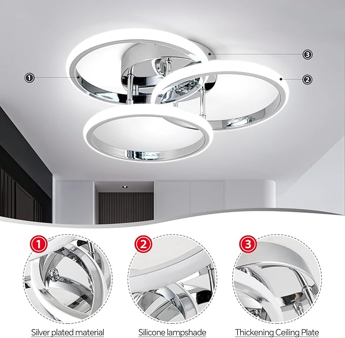 15.74IN Dimmable LED Modern Flush Mount Ceiling Light Fixture with Remote Control, Chrome 3000K-6500K 3-Color Dimming Circle Modern Chandelier, Close to Ceiling Bedroom Kitchen Cloakroom Lamp