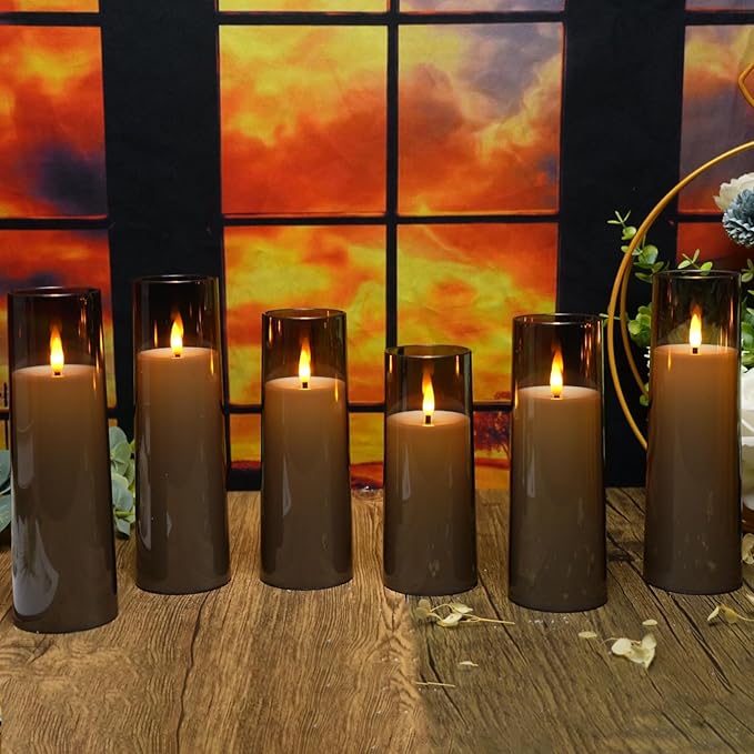 Flickering Flameless Candles Battery Operated with Remote and 2/4/6/8 H Timer Plexiglass Led Pillar Candles Pack of 9 (D2.3 xH5.5 6.5" 7.5") with Realistic 3D Wick Candles for Home Decor(Grey)