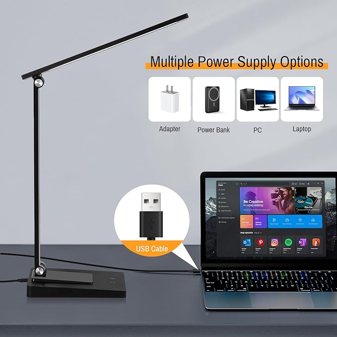 ErayLife Rechargeable LED Desk Lamp, 800LM 2600mAh Reading Table Lamp, 5 Color Modes 5 Brightness Touch LED Desk Lamps, Bedside Lamp with USB Charging Port for Study Home Office Nail, Black