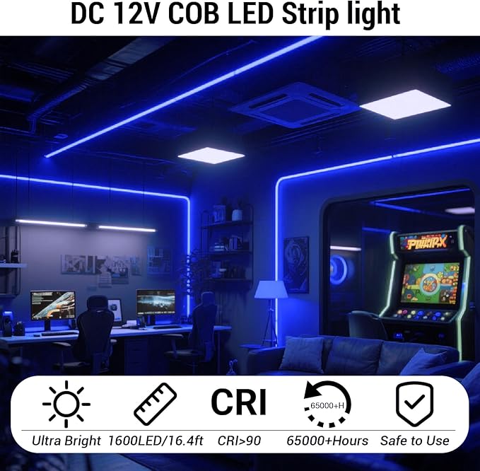 HAMRVL COB LED Strip Lights Blue, 16.4ft DC12V Dimmable LED Lights with 1600 LEDs,Touch Dimmer,12V Adapter,Bright Dotless Adhesive Indoor COB LED Strip Lights for Cabinet Home DIY Lighting Projects
