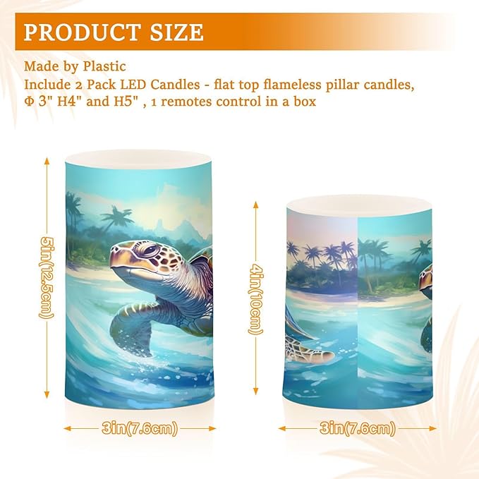 Graffiti Sea Turtle Pattern Flameless Candles Color Changing LED Candles with Remote Control Battery Candles for Outdoor and Indoor Home and Room Decoration, 3'' x 4''/5'' Set of 2 Pieces