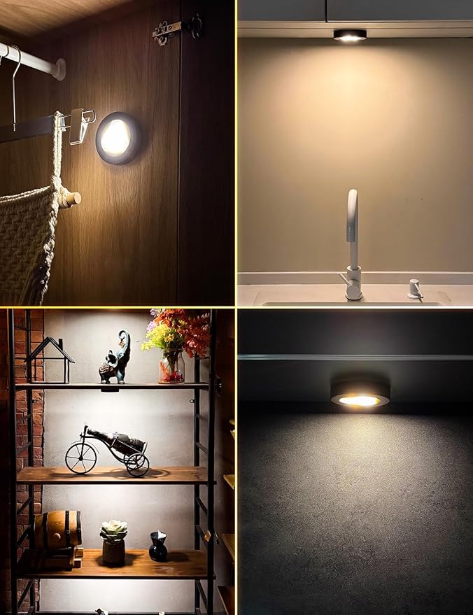 HOLKPOILOT Ultra Slim Puck Lights with Remote, LED Under Cabinet & Closet Lighting Wireless, 3 Color Temps & Dimmable Stick On Lights Battery Operated for Kitchen,Counter,Shelves (4pack)