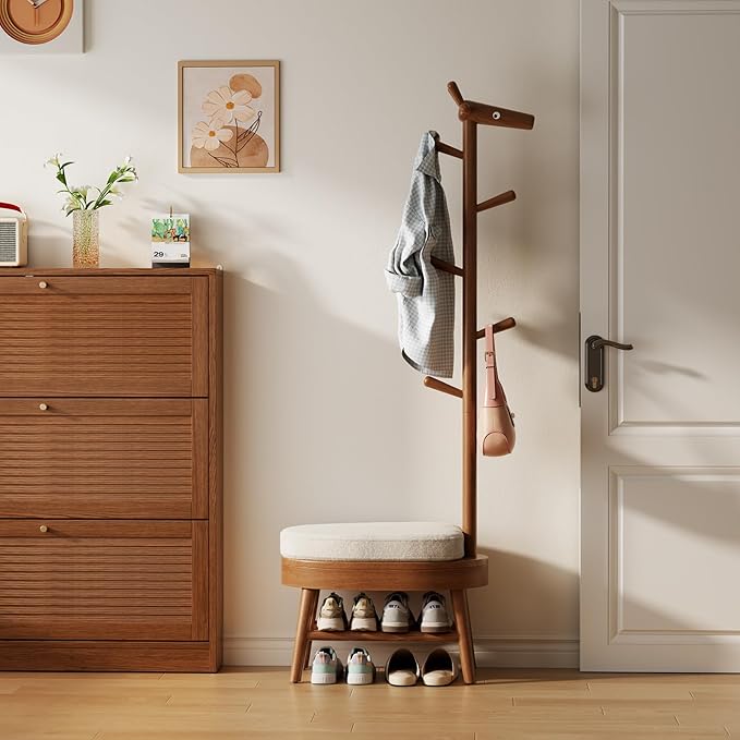 AQIMUELE Shoe Bench Entryway,Coat Rack with Shoe Storage, Coat Rack and Shoe Rack, Wooden Narrow Shoe Bench（Walnut）