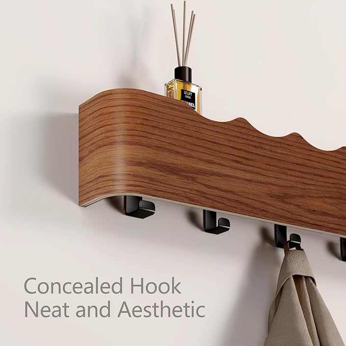 Coat Rack Wall Mount Entryway Organizer Modern Key Holder Wall Mount with Wooden Shelf Entryway Hooks for Bedroom Kitchen Hallway Bathroom for Hanging Coats Hats Dog Leashes Bags Towels