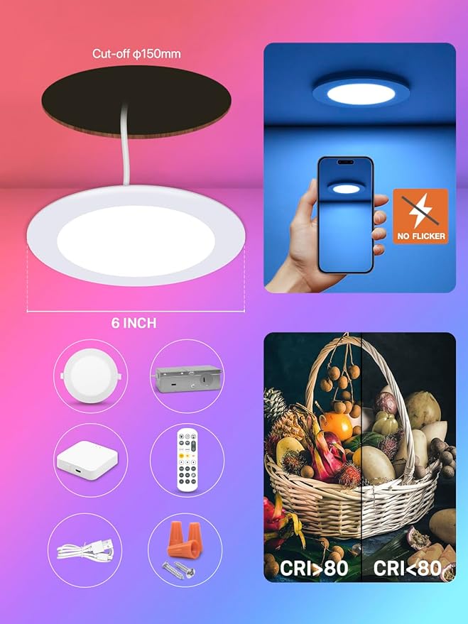 6Pack 6Inch Smart LED RGB Recessed Lighting, Color Changing Canless Downlight, 2700K-6500K, 2.4GHz Wi-Fi & Bluetooth, 12W 1200lm, Works with Tuya App, Alexa & Google Assistant, Gateway Included