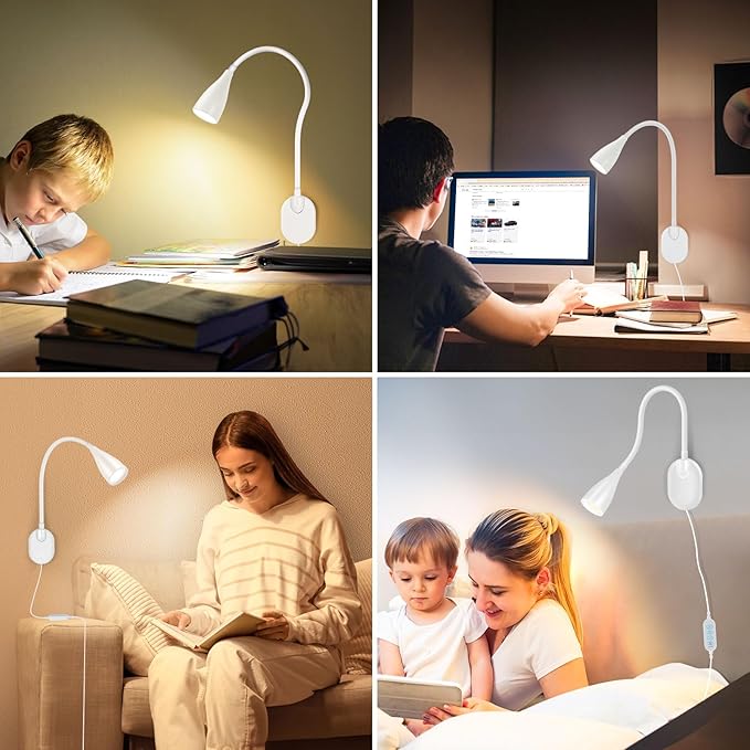 Wall-Mounted LED Bedside Reading Light with USB Charging Port, 10-Level Dimmable & Adjustable 5 Color, Plug-in Adhesive Night Lamp for Books in Bed, Eye-Caring Bedroom Lighting (White)