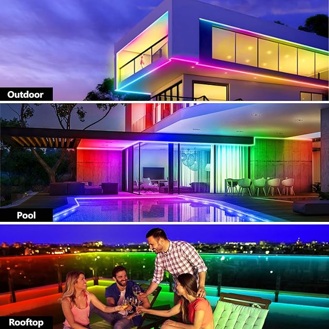 130FT (2 Rolls of 65FT) Outdoor LED Strip Light Waterproof,IP68 Outside RGB+IC Light Strip with App/Remote Control,Chase Mode,Music Sync Rope Light for Balcony,Deck,Rooftop,Garden,Pool