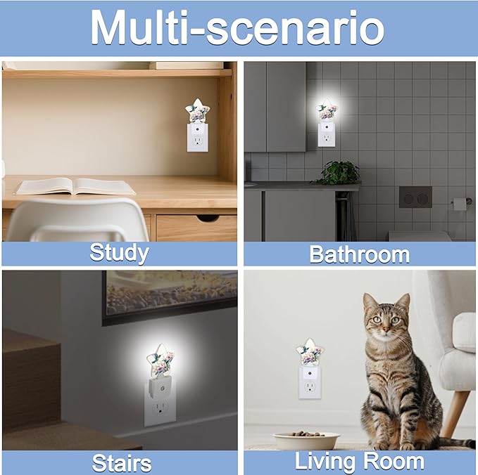 Hummingbird Bird Floral Night Lights Plug Into Wall,Vintage Flower Star Night Light for Kids,Nightlight with Dusk to Dawn Smart Sensor for Bedroom Bathroom Decor,Children Women Men Gift