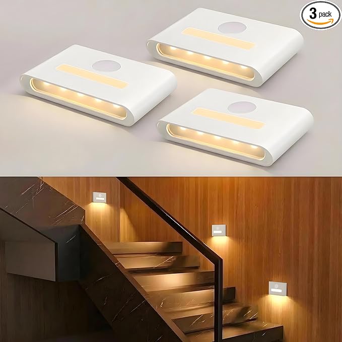 WOBSION Rechargeable Wireless Motion Sensor Stair Lights, Stick-On Wall Light with Dual Independent Lights, 3 Color Temperatures & Dimmable for Stairs,Hallway,Closet,Cabinet,Bedroom,White