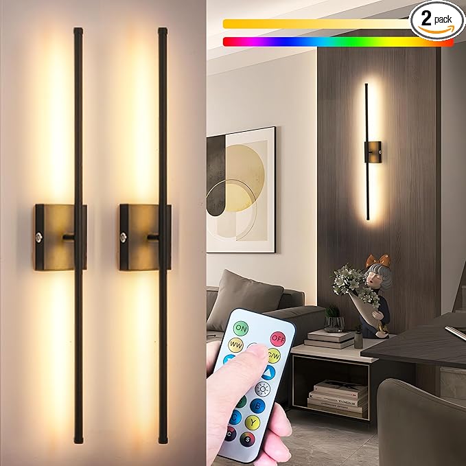 Battery Operated Wall Sconce Set Of 2, Wireless Wall light With Remote Control, 10000mAh Rechargeable Wall Sconce Up To 70 hrs Of Lighting Time, RGB Dimmable Wall Lamp For Bedroom Hallway, 360°Rotate