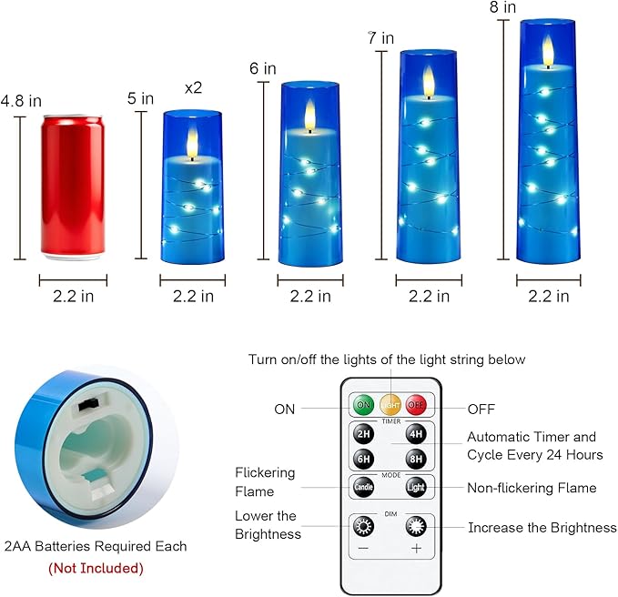Raycare Flameless Candle with Remote Timer – 5 Flickering Acrylic Battery Operated LED Pillar Candles with Embedded Star String for Christmas, Home Decor, and as a Gift(Blue)