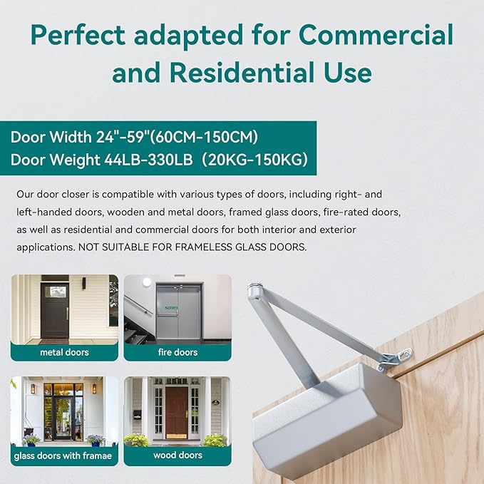 Automatic Door Closer, Adjustable Self Closing, Backcheck Function, ADA Compliant, UL 3 Hour Fire Rated, Grade 1 Heavy Duty, 2 Million Cycles, Residential & Commercial Use, Silver Aluminum