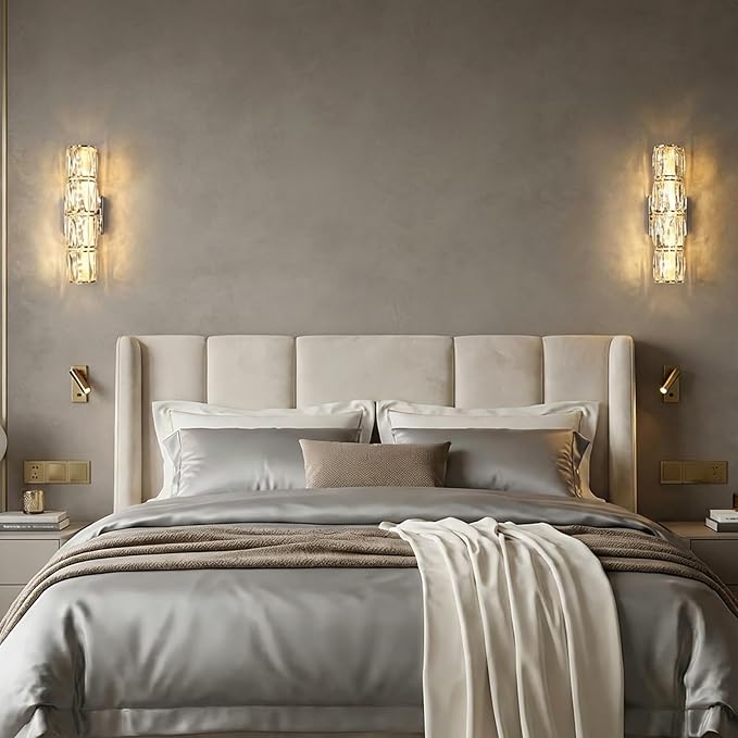 Modern Crystal Wall Sconces in Chrome Finish, LED Crystal Wall Light Fixtures with Remote, Luxury Vanity Wall Lamp Indoor for Bedroom Living Room Hallway Stairway Bedside, 3000K-6000K Dimmable