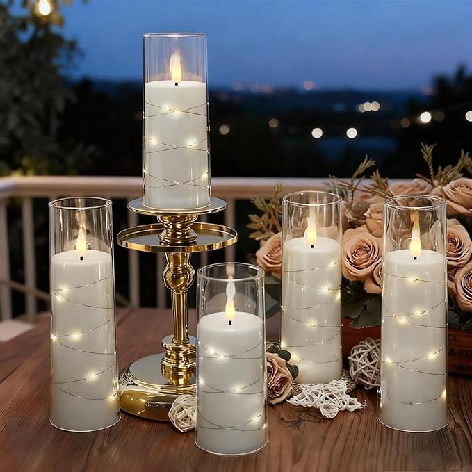 Raycare Flameless Candle with Remote Timer, 7 Flickering Acrylic Battery Operated LED Pillar Candles with Embedded Star String for Valentine's Day, Home Decor, and as a Gift(White)