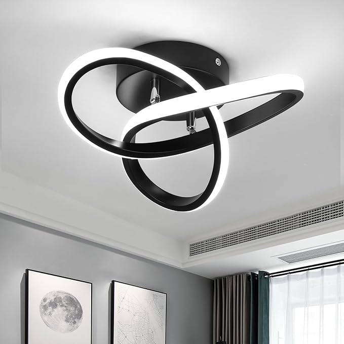 Modern LED Ceiling Light, 2 Rings Creative Black Hallway Ceiling Lighting 6000K Flush Mount Ceiling Lights for Kitchen Bathroom Cool White Light 22W (Black)