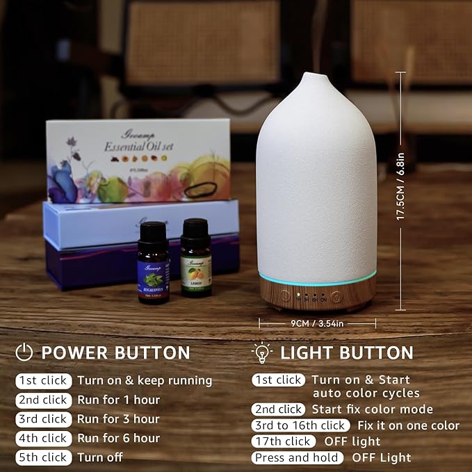 200ML Ceramic Essential Oil Diffuser (2 Pack) - Ultrasonic Aromatherapy & Humidifier with 7-Color LED Lights, Auto Shut-Off, Wood Grain Base, 1H/3H/6H Timer | Scent for Home, Office, Yoga