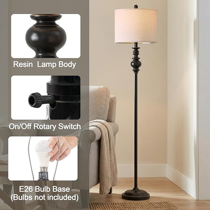 BOBOMOMO 64.25" Farmhouse Floor Lamp for Living Room, Tall Antique Black Standing Lamp with Rotary Switch, Mid-Century Modern Reading Lamp for Bedroom & Office, Minimalist Home Decor Corner Lamp