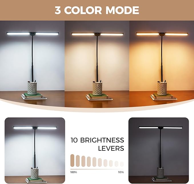 LED Desk Lamp for Home Office, Double Head Architect Light with Clamp, Computer Monitor Clip on Light, 3 Modes and 10 Brightness, Adjustable Flexible Goose-Neck, Table Task Lamp, Black