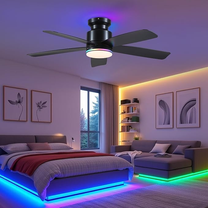 46 Inch Black Flush Mount Ceiling Fans with Lights, 5 Blades Reversible, 6-Speed 2H Timer, RGB & 3 CCT Dimmable, Remote & APP Control for Bedroom Kidsroom