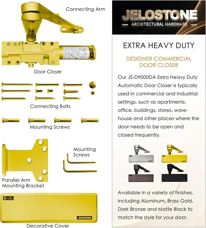 Extra Heavy Duty, Commercial Door Closer D9000DA, ANSI Grade 1, UL 3 Hour Fire Rated, ADA Compliant, Delayed Action, Adjustable Spring Size 1-6 for Doors (44-330LB/30-60 in), Indoor/Outdoor (Gold)