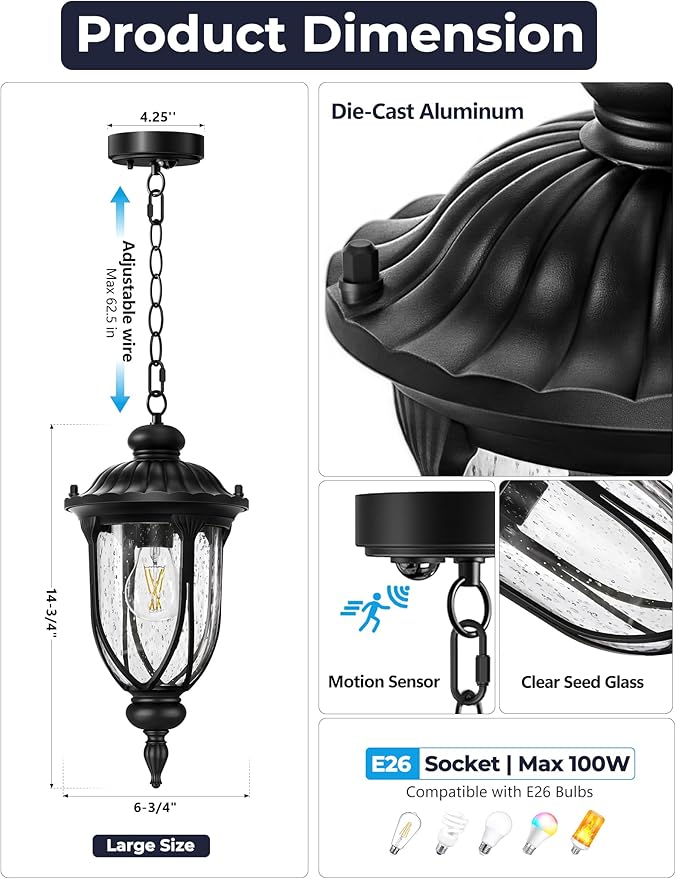Lotsky Outdoor Hanging Lights with Motion Sensor, 15'' Dusk to Dawn Exterior Pendant Light for Porch, Anti-Rust Aluminum & Seed Glass Lantern, Outside Chandelier for Gazebo, Patio, Yard Black