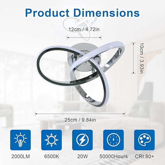 DELIPOP Modern Ceiling Light, 6500K Cool White Led Ceiling Light Fixture, Metal Curved Design Ceiling Lamp for Bedroom Hallway Bathroom Entryway Balcony Stair