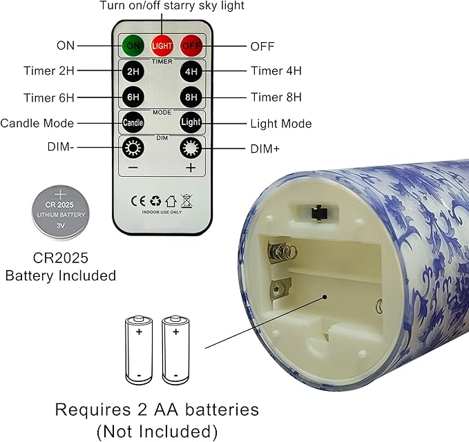 Floral Flameless LED Pillar Candles with String Lights, 3pcs Blue and White Battery Operated Flickering Candles with Timer Remote,Chinese Porcelain Style Candle for Wedding Mother's Day Home Decor