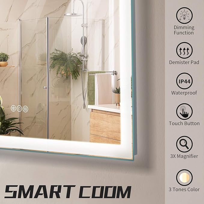 LED Bathroom Mirror Light Vanity Dimmer Anti Fog Makeup 3000K High Lumen CRI90 Warm White Lights Dimmable Memory Touch Button IP57 Waterproof Square Round