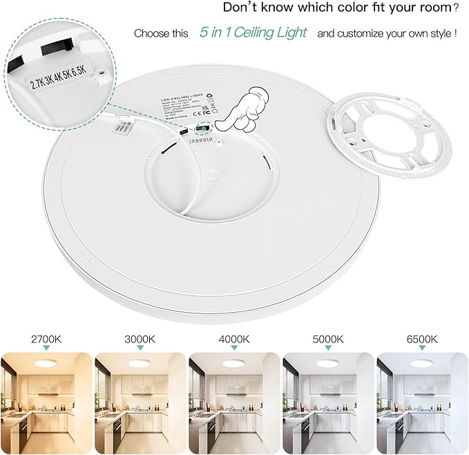 Brightever 12 Inch LED Ceiling Light Flush Mount, 24W 3200LM 0.67 Inch Thickness Close to Ceiling Light Fixtures, 2700K/3000K/4000K/5000K/6500K Color Selectable Light Fixtures Ceiling Mount, 6 Packs