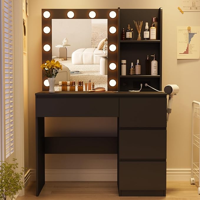Fameill Black Makeup Vanity with 10 Lights & Power Outlets, Big Vanity with 3 Storage Compartments, Vintage Vanity Set with Large Drawer and Cabinet, 45in