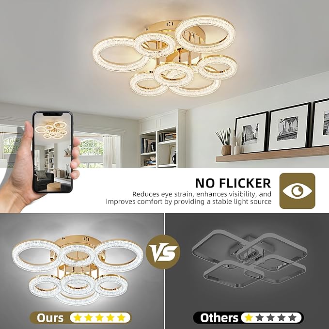 OKELI Modern Ceiling Light, 7 Rings 23'' Dimmable LED 106W Flush Mount Ceiling Lights with Remote Acrylic Crystal Round Ceiling Light Fixture, Bedroom Living Room Dining Room, Gold