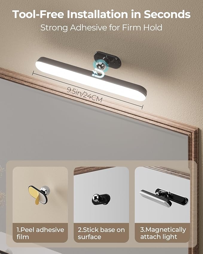Wireless Rechargeable Bathroom Vanity Light – Black, 1600mAh Battery Operated Makeup Light Stick On, with 3 Color Modes & Touch Control, Adjustable Angle, USB-C Fast Charging for Above Mirror