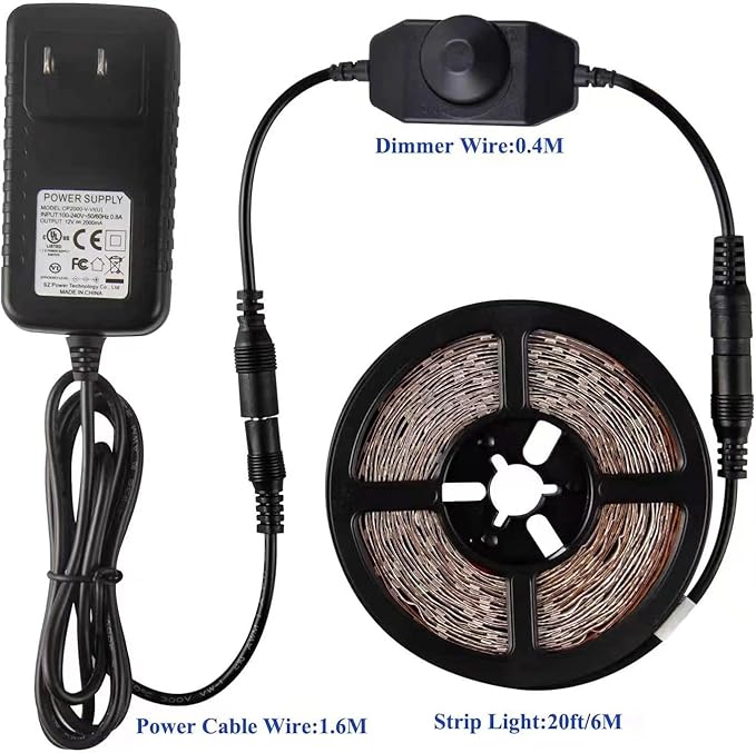20ft 12V 360 LED Red Strip Light, Flexible Cuttable Non-Waterproof for Indoor Party Decoration, with Power Supply & Dimmer.