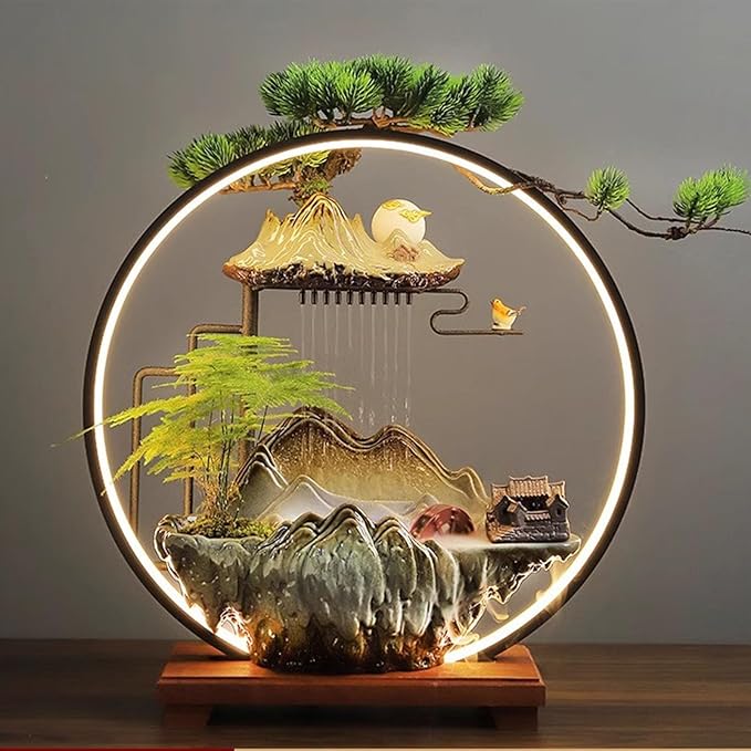 LED Halo Reflux I, Ceramic Zen Ornament with Rain Curtain Flowing Water Waterfall I Sitting, Suitable for Home Office Yoga Meditation Use