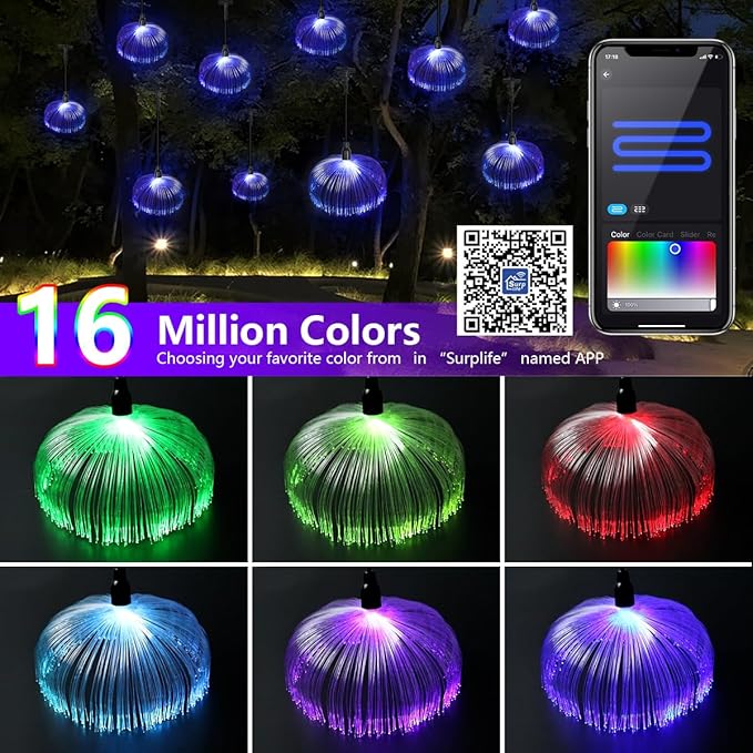 AZIMOM Smart 10pcs Fiber Optic Jellyfish Lamp 32.8ft APP Control Timing Music Sync RGBW Colorful IP67 Waterproof Outdoor Fairy Hanging String Light Garden Trees Christmas Party Wedding Ceiling Decor