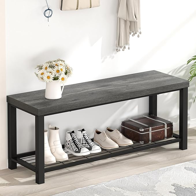 EXCEFUR Entryway Bench, Industrial Metal and Wood Storage Bench for Living Room, Indoor Shoe Rack Bench Seat, 43.3 Inch Grey