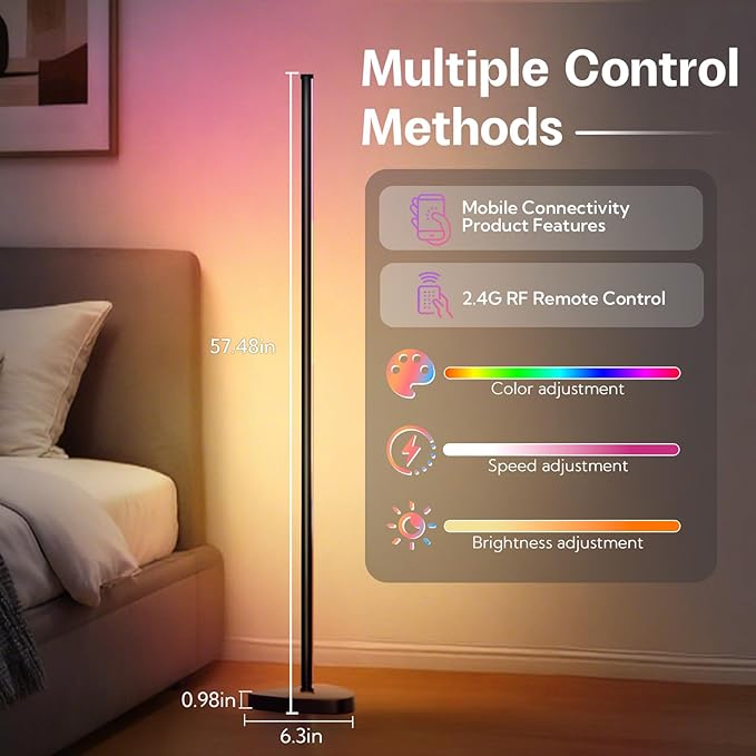 RGBICWW Corner Floor Lamp,3000 Lumen Smart Modern Floor Lamp with 16 Million DIY Colors and App & Remote Control with Music Sync Color-Changing Ambient Lighting for Living Room Lighting, Party