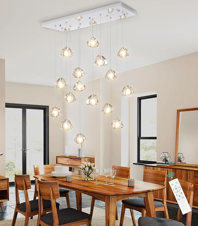 Crystal Rectangular LED Chandelier for Living Dining Room Light Dimmable High Ceiling Pendant Lights Fixtures Lighting Chandeliers for Foyer Entryway Lighting Polished Chrome